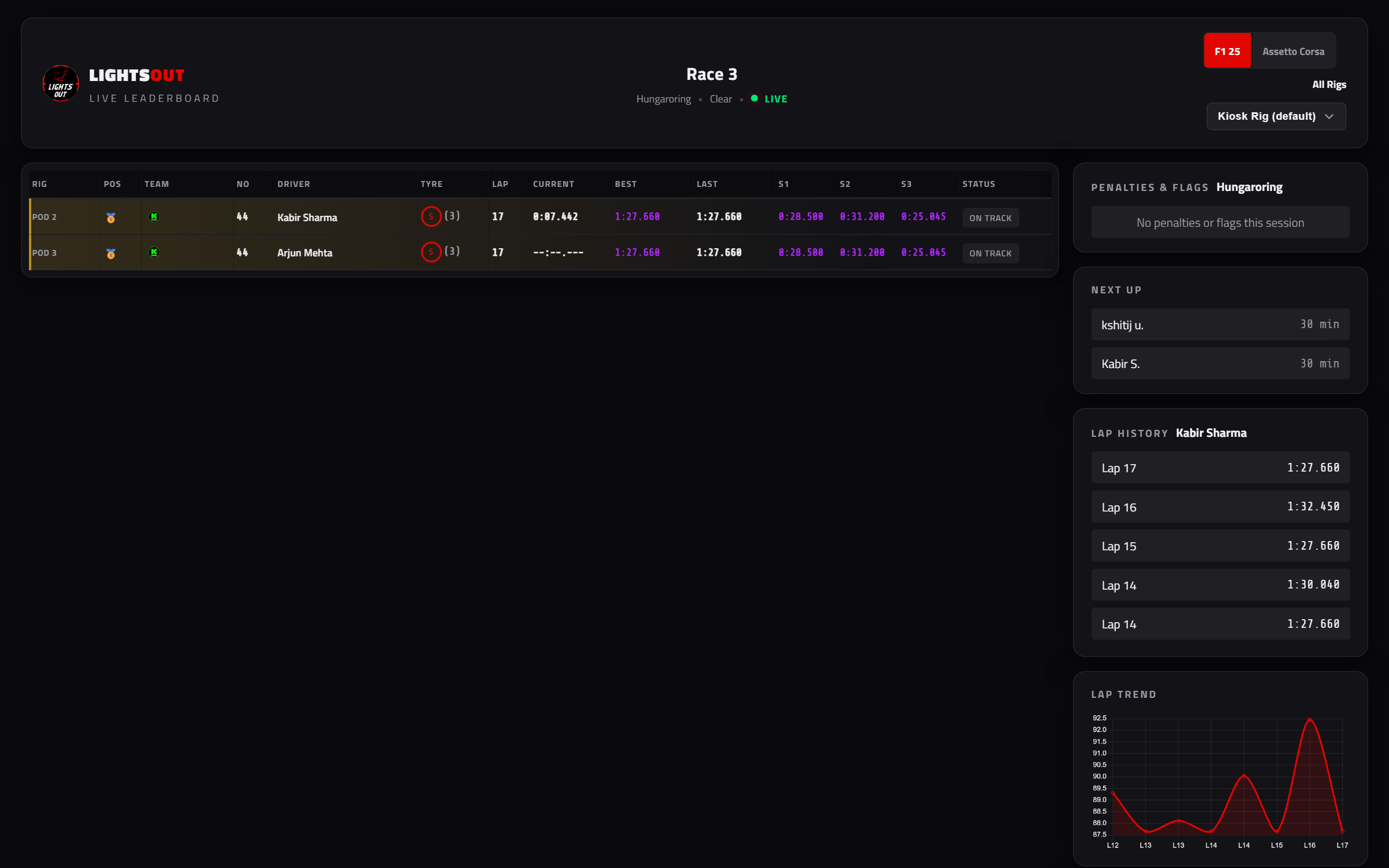 Public live leaderboard with timing tower and sponsor strip