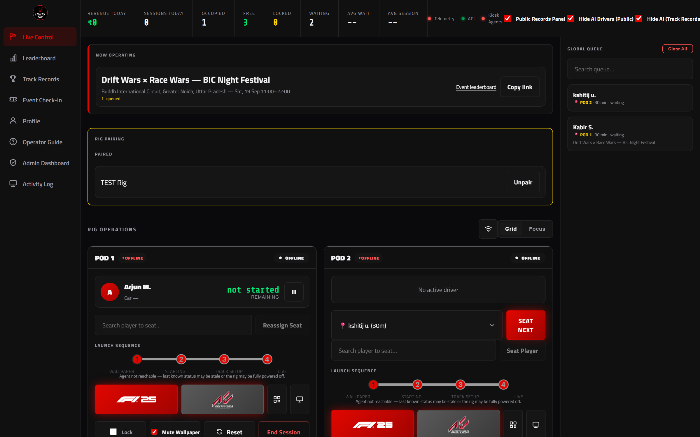 SimRigAgent Live Control showing four rigs, the global driver queue and running session timers